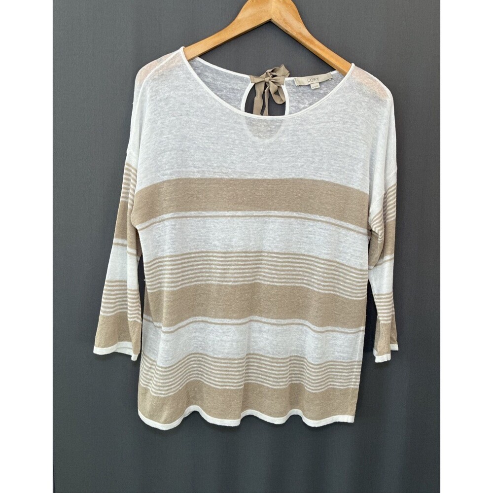 LOFT Ann Taylor Light Linen Blend Sweater Sz M Tan Striped Ribbon Coastal Preppy